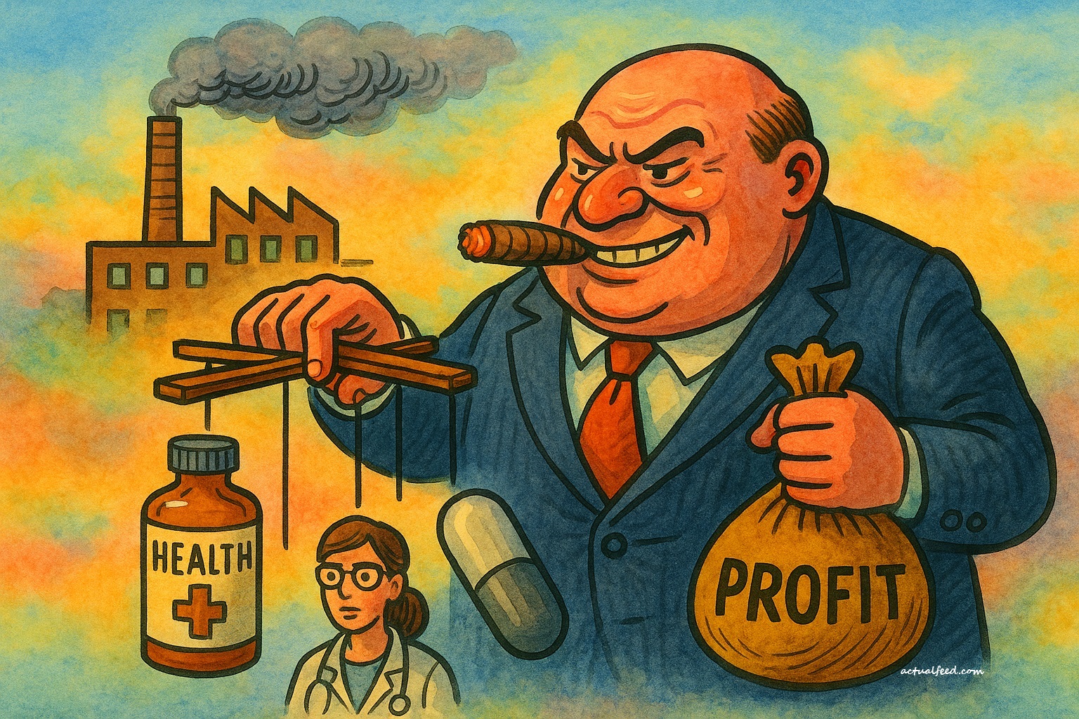 A colorful satire of medical capitalism: a grinning businessman puppeteers the healthcare system for profit. (illustration)