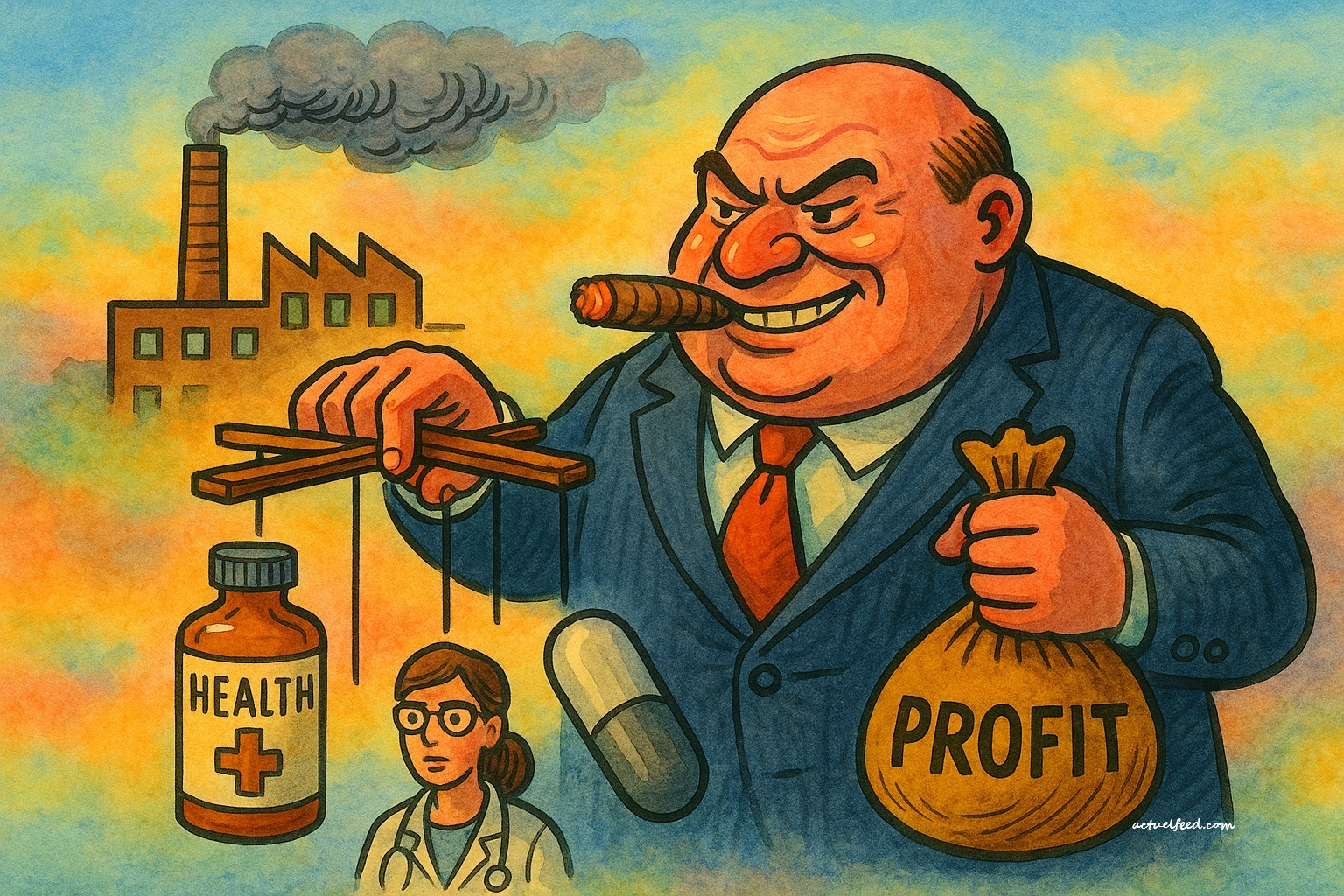 Satire visuelle d’un capitalisme médicalisé : un industriel jovial contrôle la santé à coups de profits. (illustration)