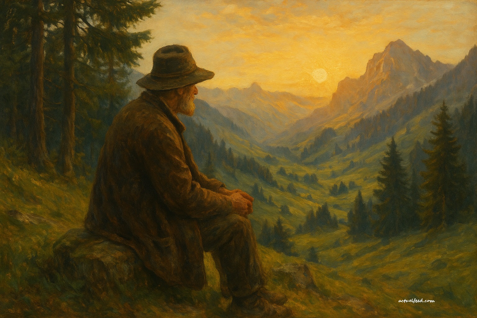 At the forest’s edge, a man in stillness. Not a guru, not a doctor—just a bearer of energies in the mountains, where invisible wounds sometimes find another path to healing. (illustration)